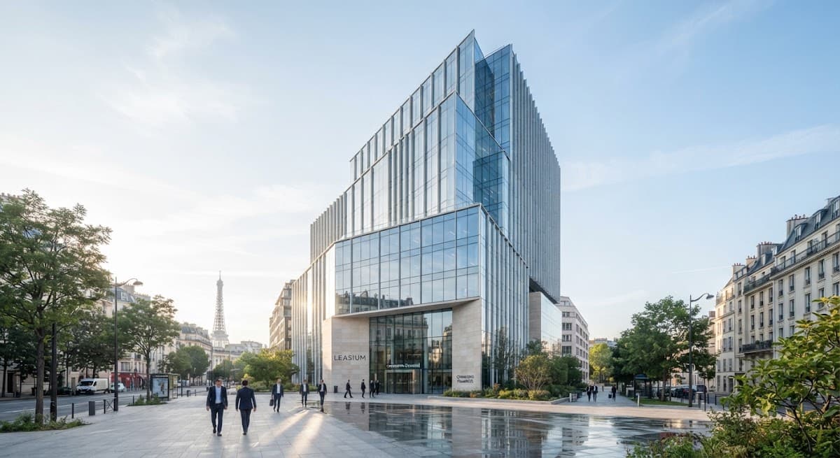 Siège corporate moderne, lignes de verre épurées.